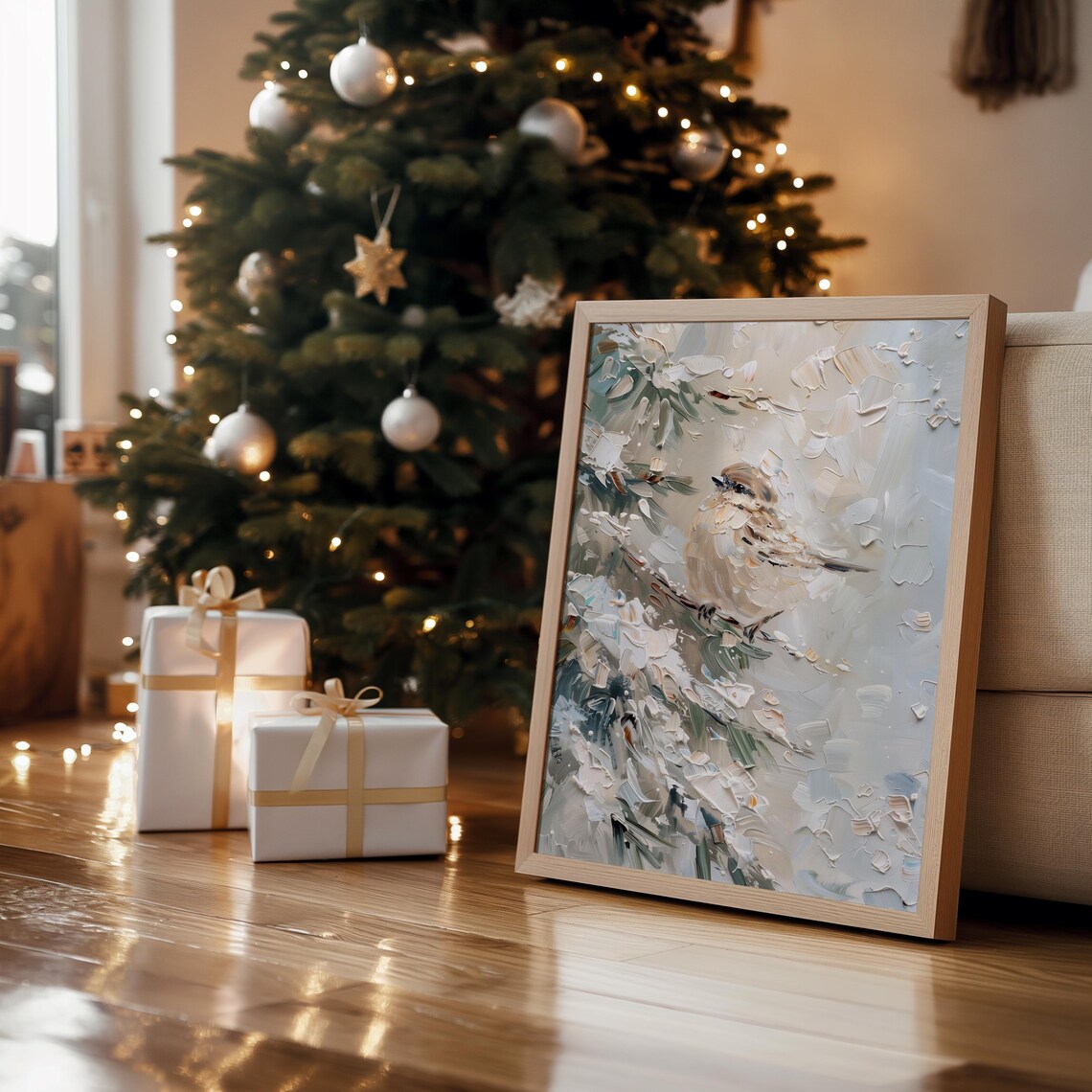 Winter Bird Vintage Christmas Pine Tree Art Print - Image 2
