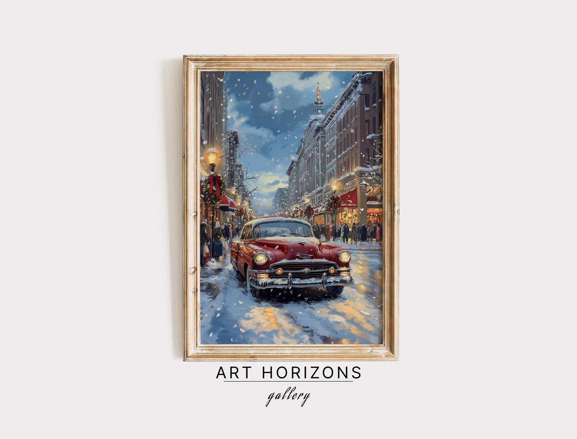 Vintage Red Car Snowy City Street Christmas Lights Evening Poster