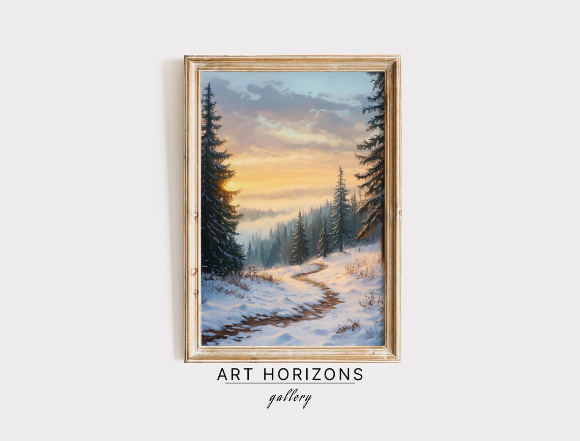 Winter Forest Path at Sunrise Snowy Pines Misty Valley Travel Poster