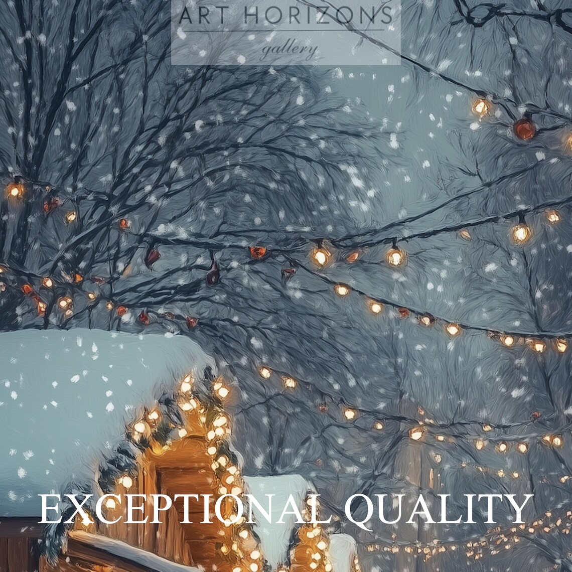 Snowy Christmas Market Night Glowing Stalls String Lights Art Print - Image 2