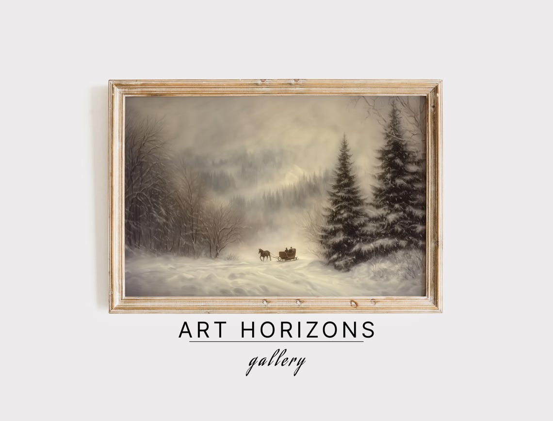Country Winter Sleigh Ride Painting Wall Art Antique Oil Painting Art Vintage Holiday Farmhouse Print A209