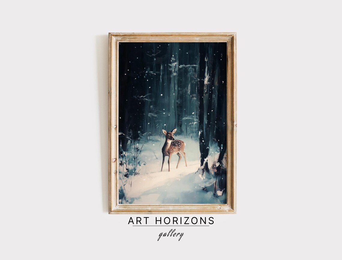 Vintage Baby Deer In Snowy Forest Winter Wall Art Deer Print Farmhouse Christmas Wall Art Country Painting Wall Art A52