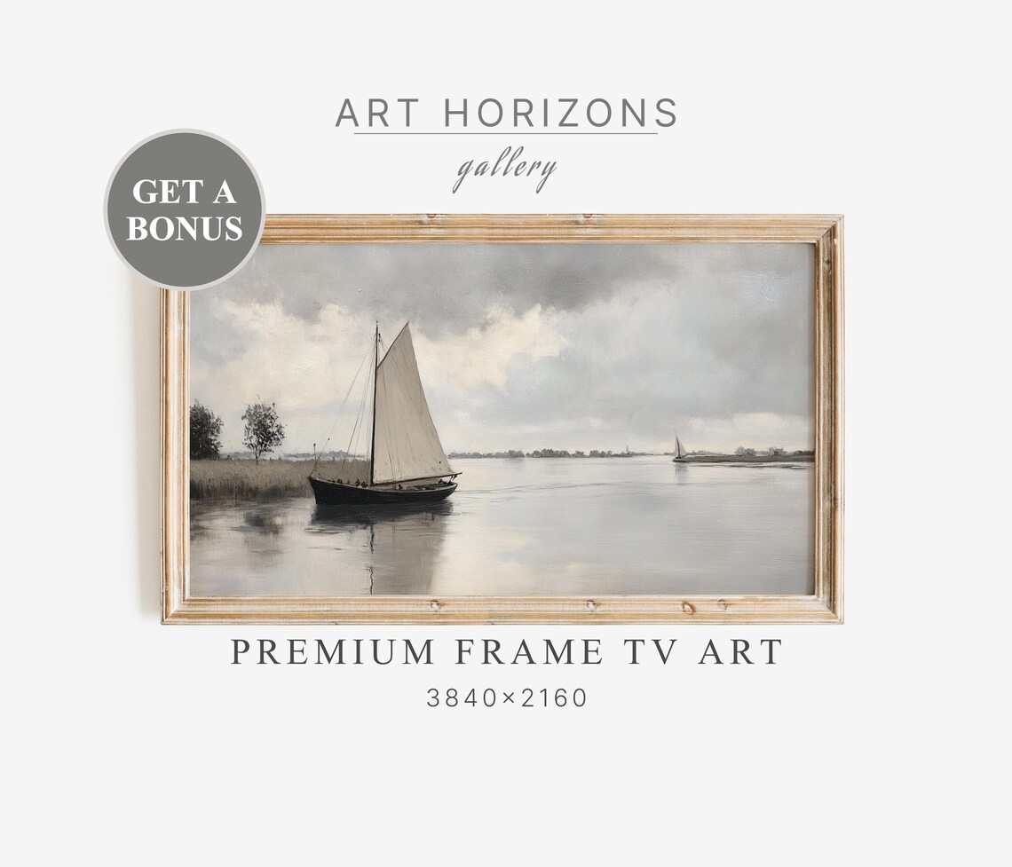 Antique Sailboat Muted Gray Seascape Vintage Nautical Coastal Oil Painting Poster