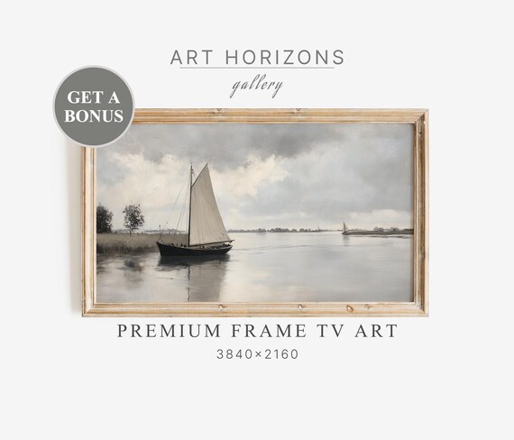 Antique Sailboat Muted Gray Seascape Vintage Nautical Coastal Oil Painting Poster