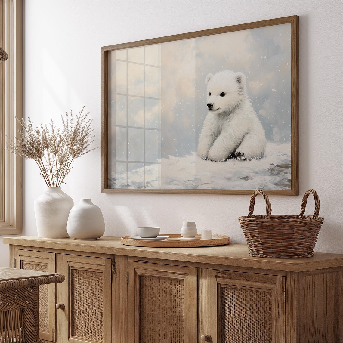Baby Polar Bear Sitting Snow Soft Blue Sky Cute Winter Wildlife Poster - Image 4