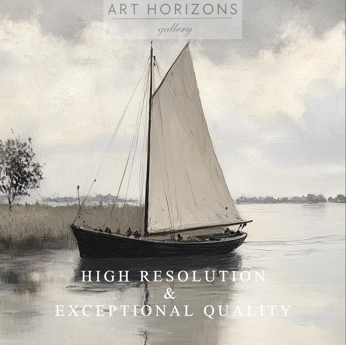 Antique Sailboat Muted Gray Seascape Vintage Nautical Coastal Oil Painting Poster - Image 3