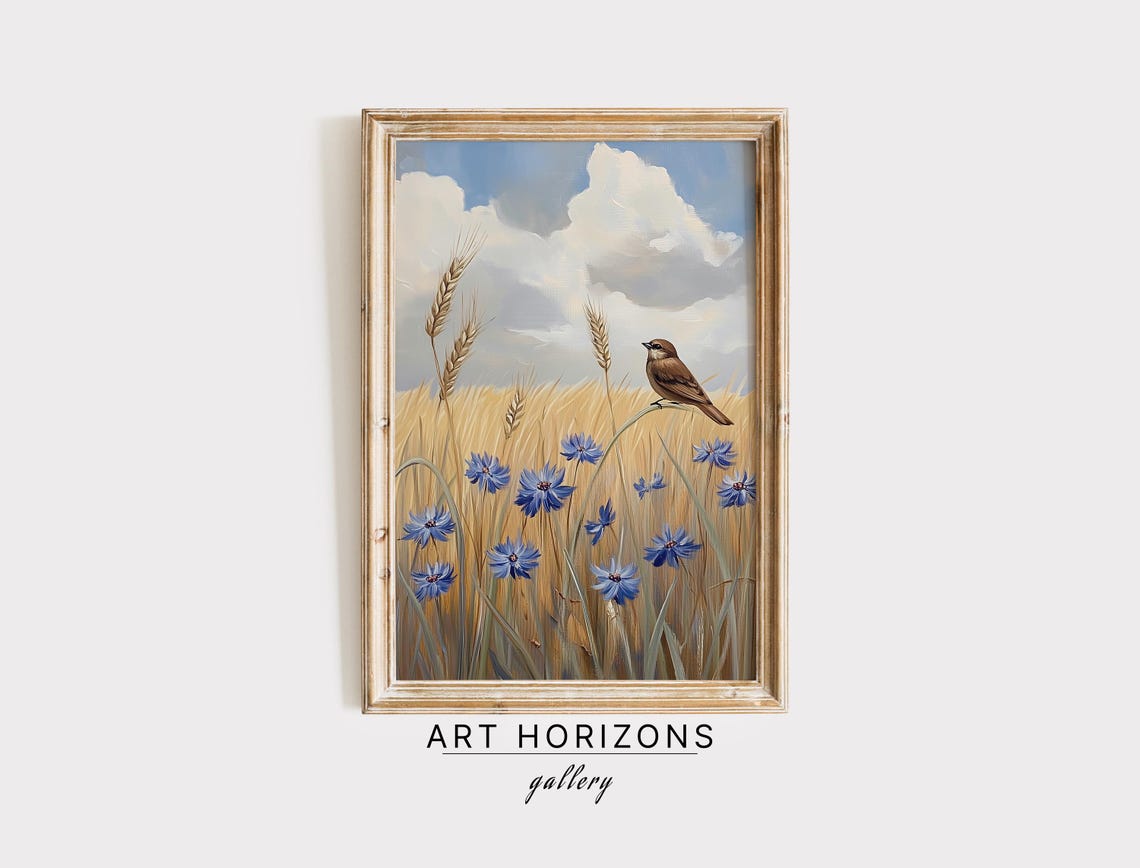 Wildflowers And Bird Wall Art Print Rustic Home Decor Serene Country Landscape Animal Poster Oil Painting For Farmhouse Decor Art A283
