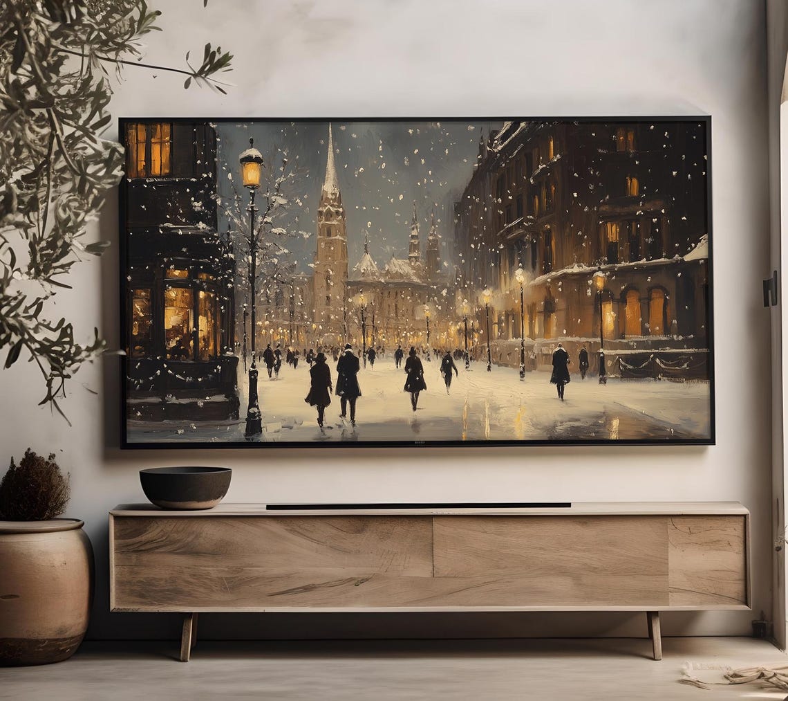 Snowy City Street Night Church Spire Glowing Shops Falling Snow Poster - Image 4