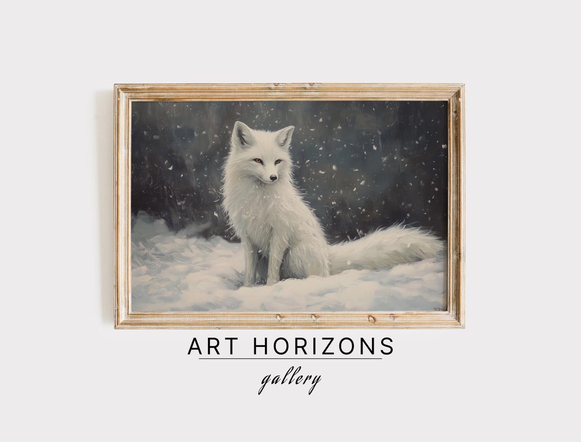 White Arctic Fox Sitting In Falling Snow Night Forest Art Poster