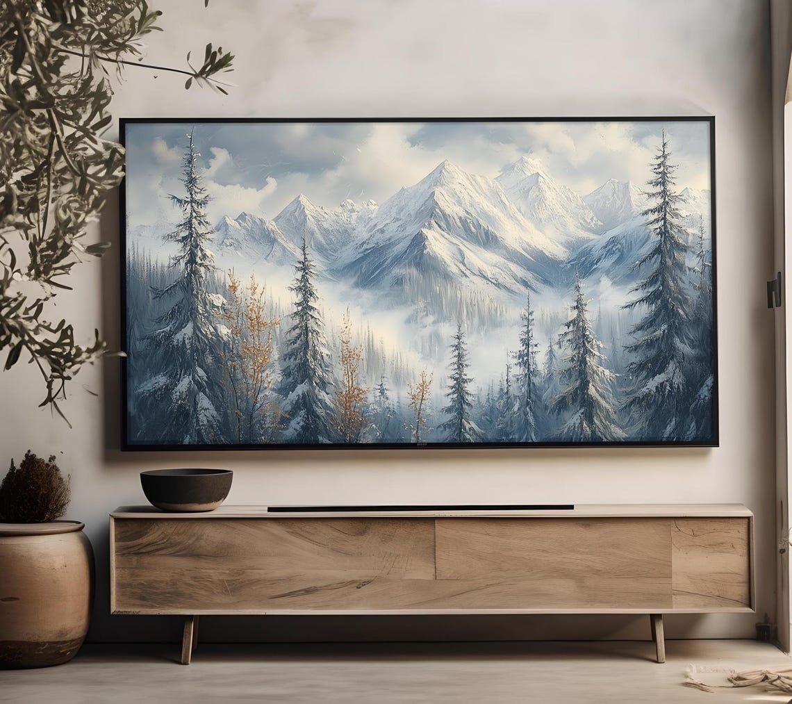 Majestic Snowy Mountain Peaks Pine Forest Misty Valley Winter Poster - Image 4