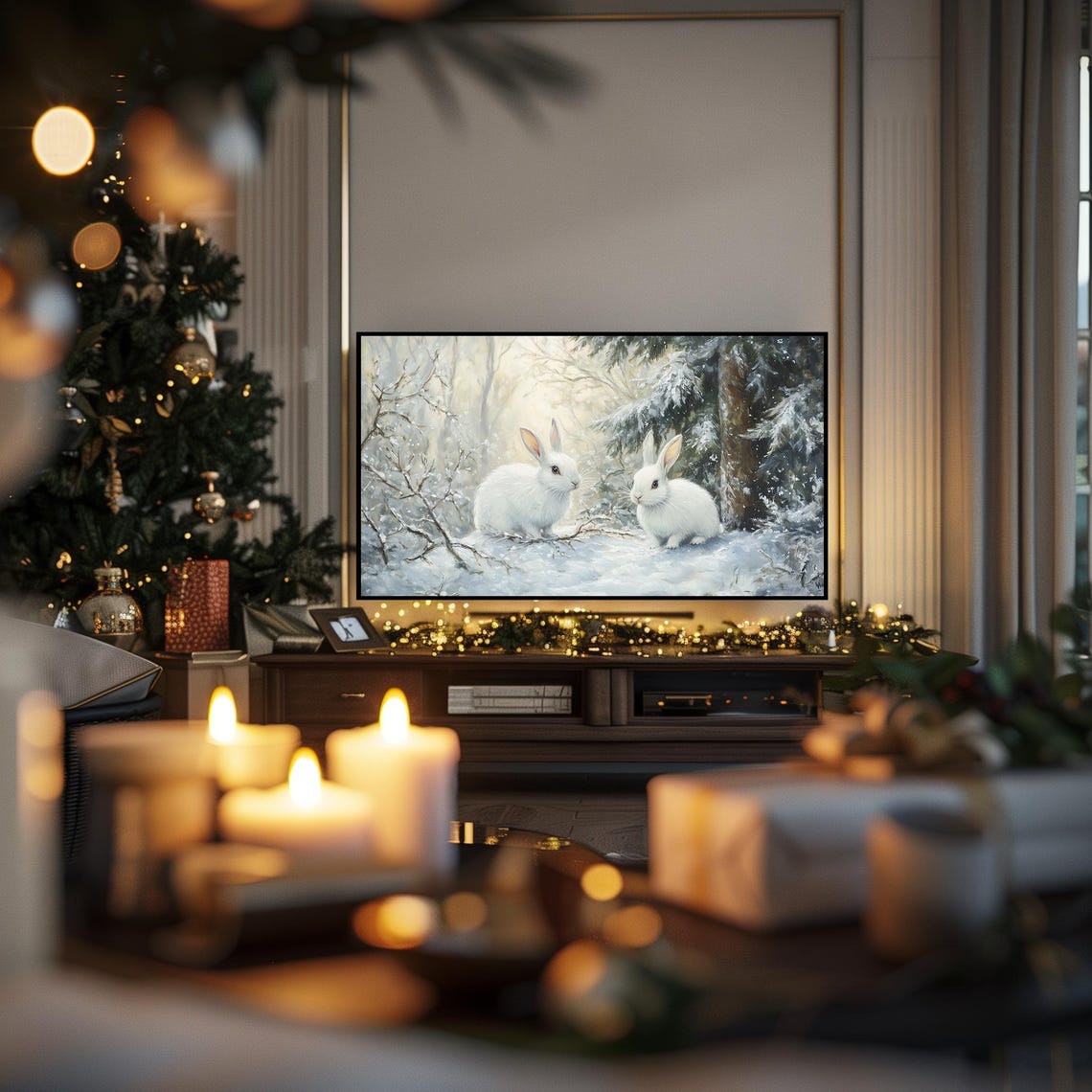 Two White Rabbits Snowy Winter Forest Soft Light Bunny Print - Image 2