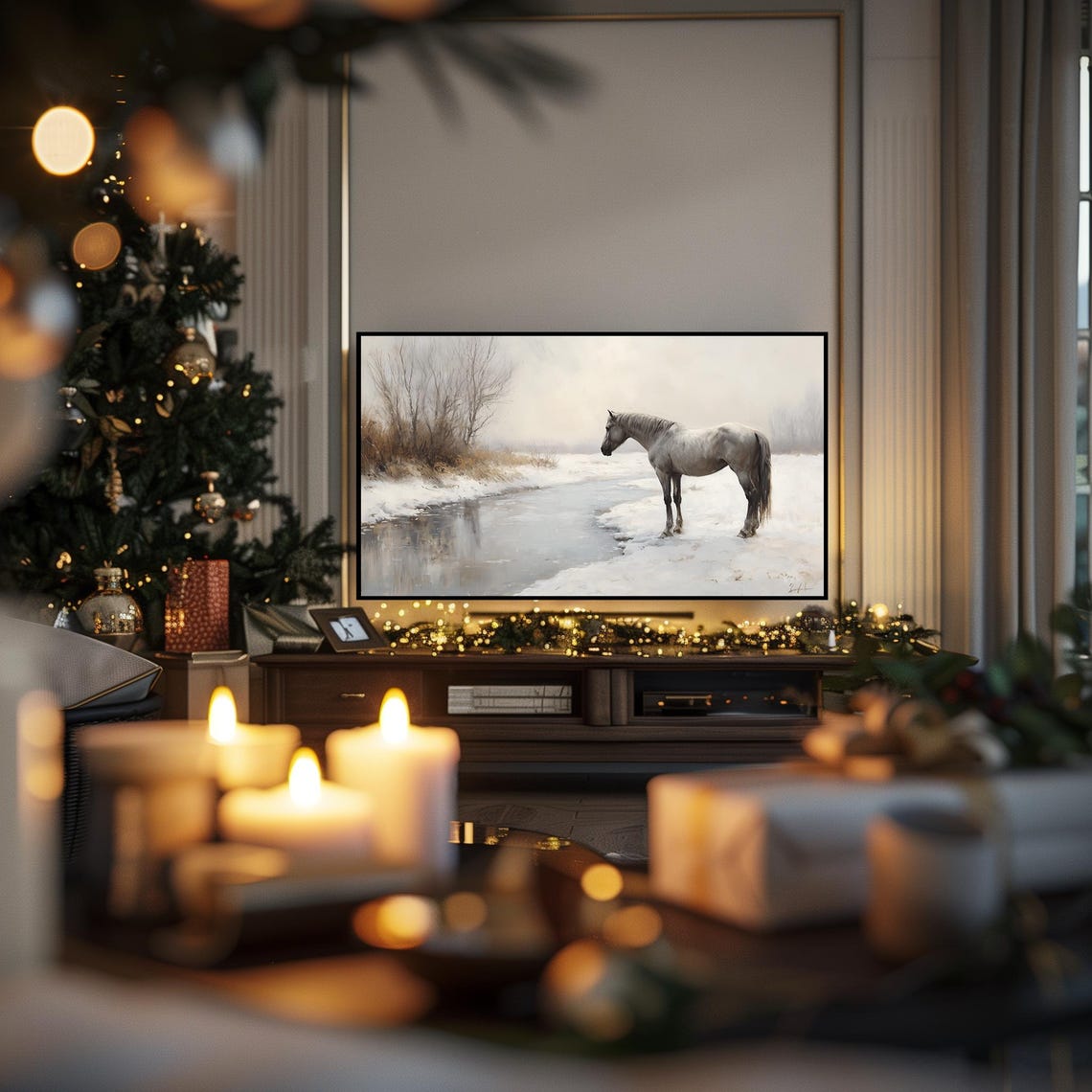 Horse Painting Frame Tv Art Horse In Snowy Winter Landscape Christmas Frame Tv Art Winter Forest Holiday Frame Tv Art Tv21 - Image 4