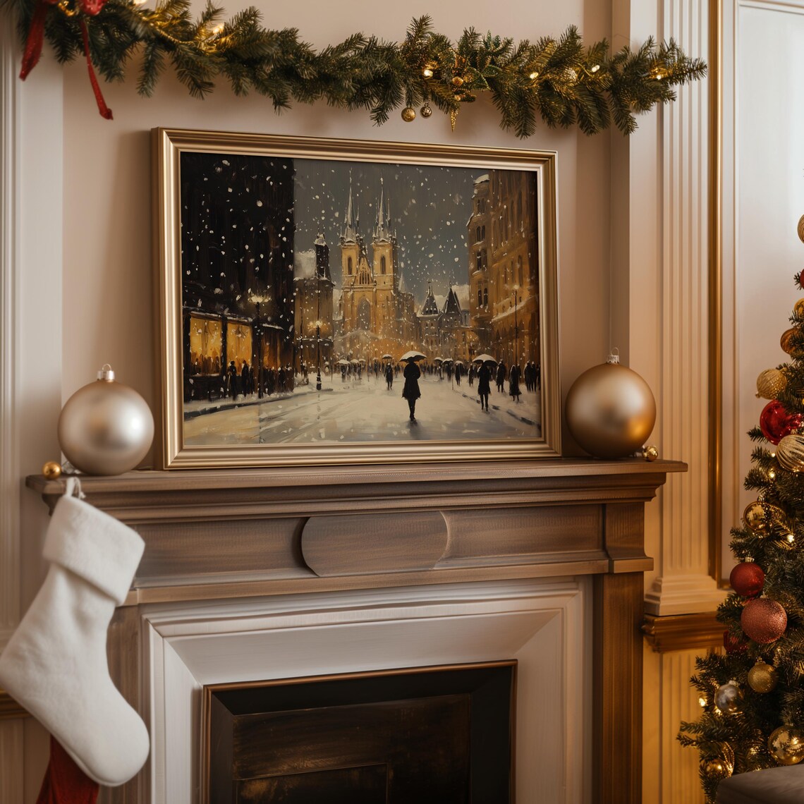 Snowy European Old Town Square Night Twin Spired Church Winter Poster - Image 2