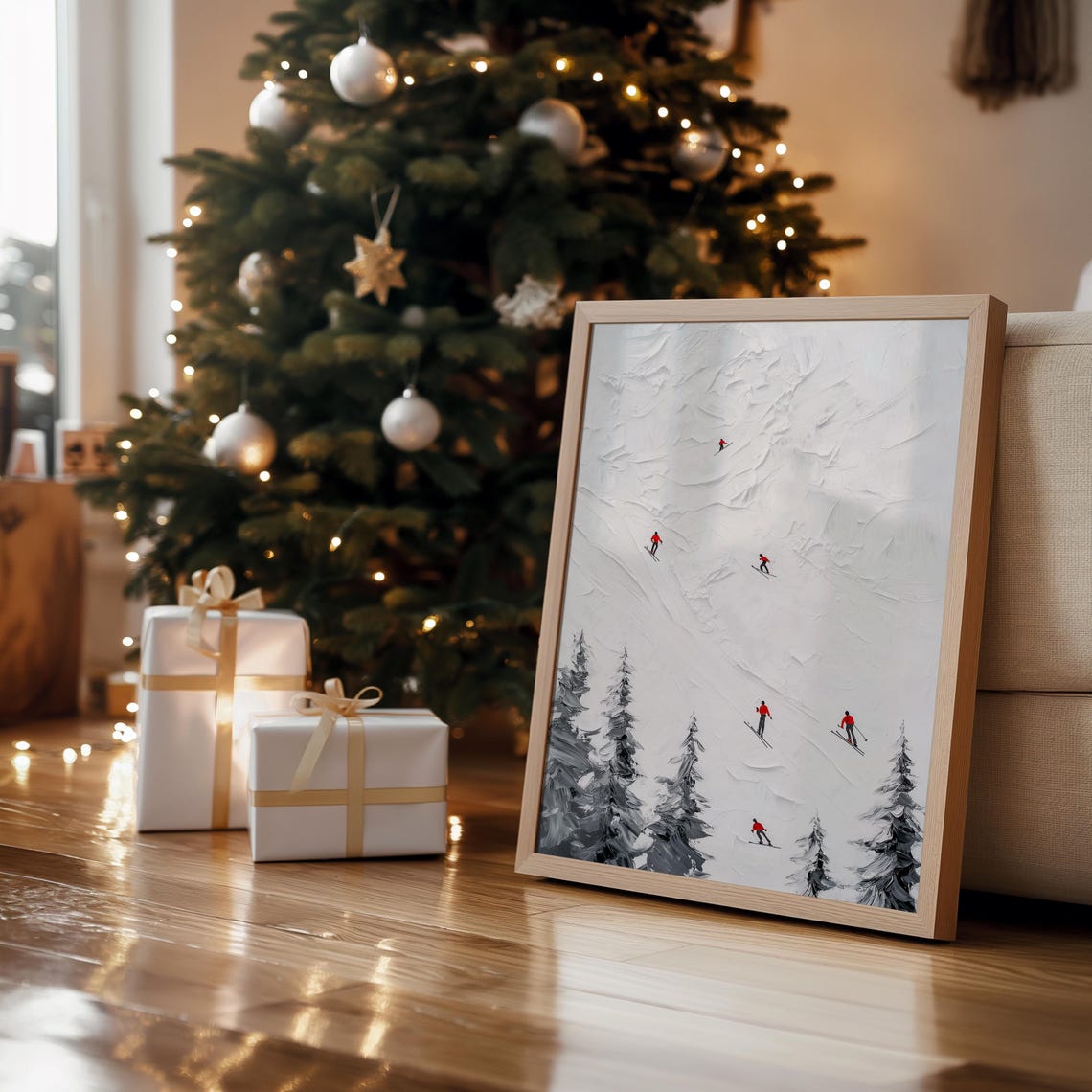 Minimalist Ski Slope Tiny Skiers Textured Snow Painting Art Print - Image 4