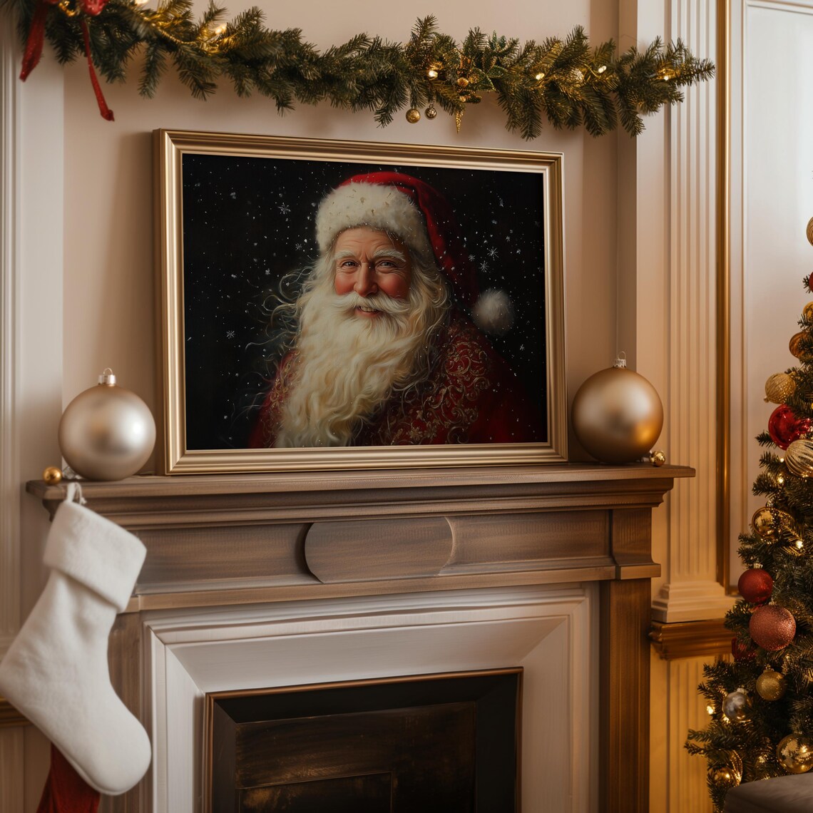 Santa Claus Portrait Oil Painting Snowflakes Dark Background Print - Image 4