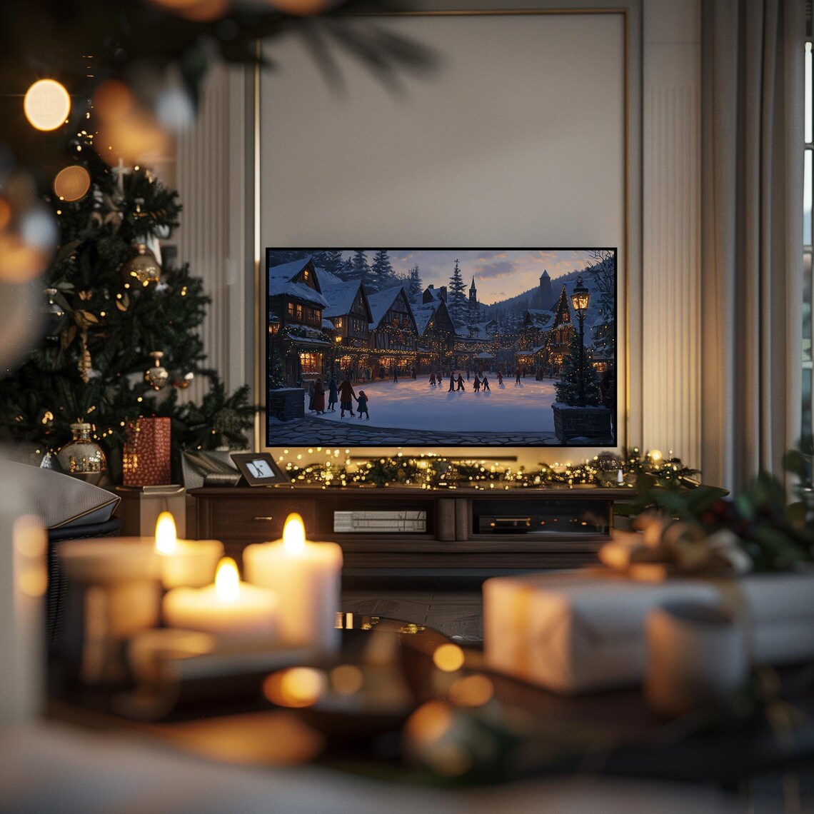 Alpine Village Square Ice Skating at Dusk Frame TV Art Travel Poster - Image 3