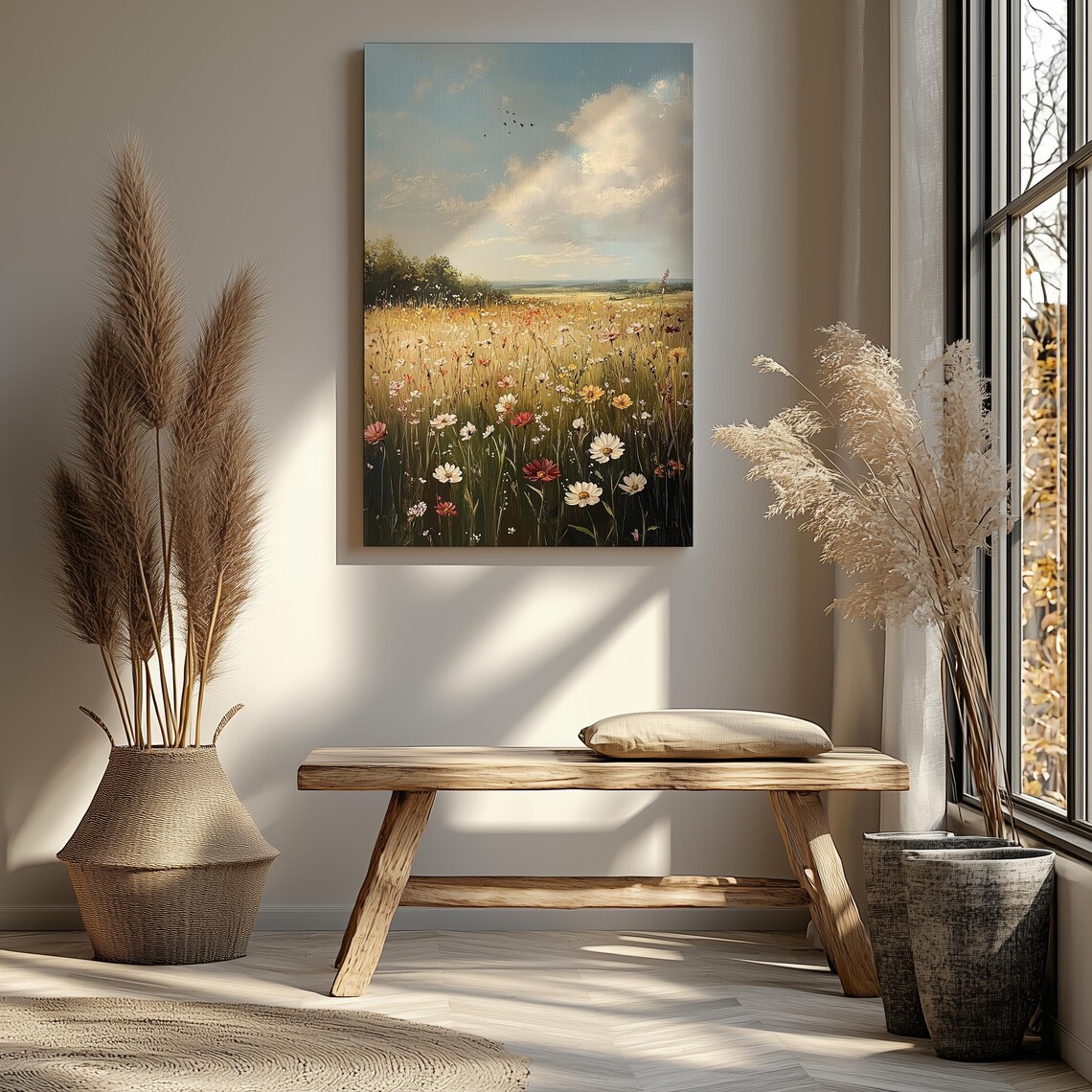 Summer Meadow Of Daisies And Cosmos Under Blue Sky Floral Art Poster - Image 3