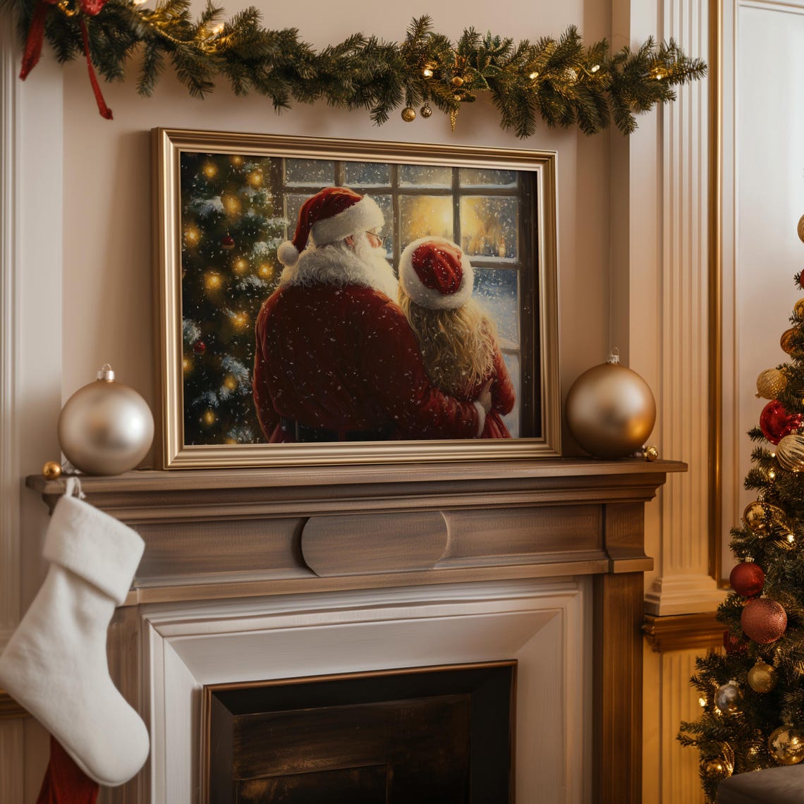 Mr Mrs Claus Snowy Window Christmas Tree Cozy Evening Poster - Image 2