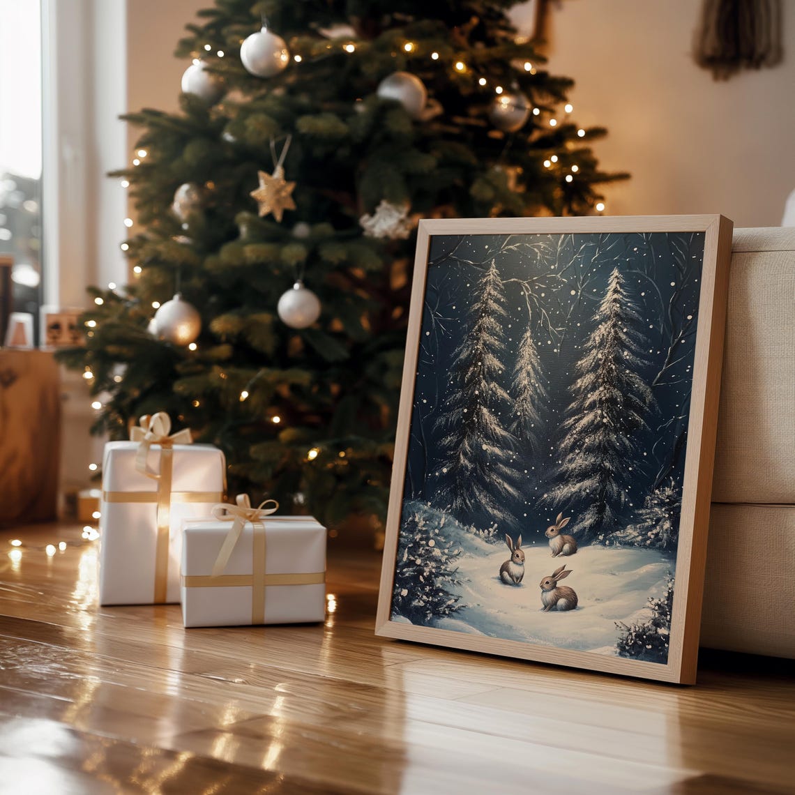 Rabbits Moonlit Snow Forest Night Blue Winter Animal Wall Art Print - Image 2