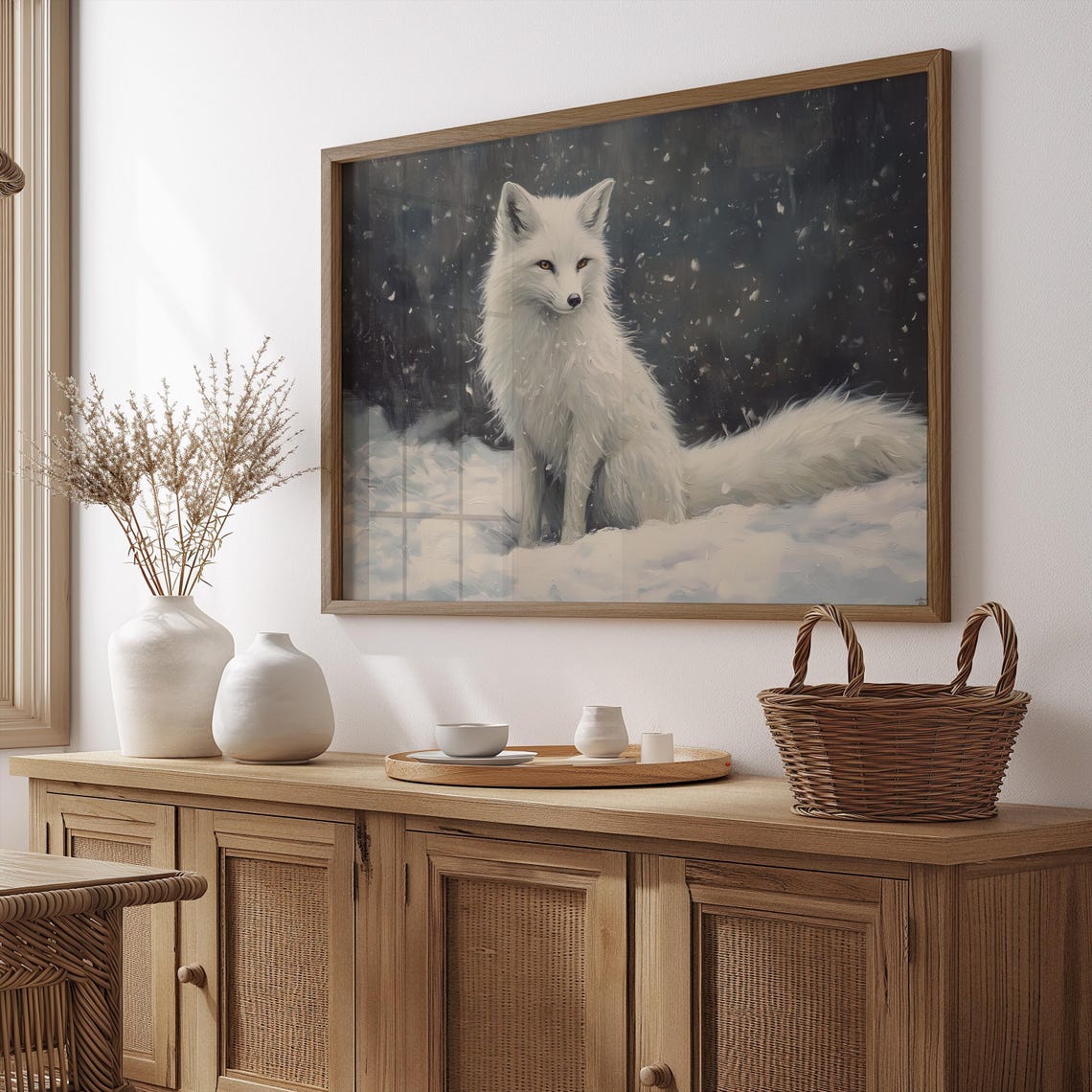 White Arctic Fox Sitting In Falling Snow Night Forest Art Poster - Image 4
