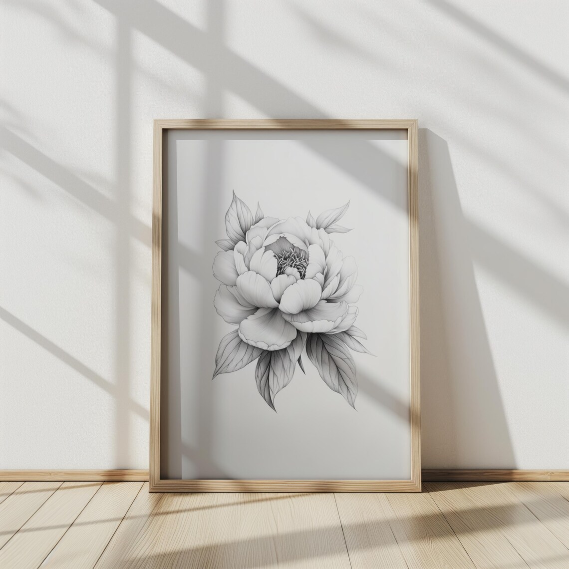 Peony Bloom Detailed Sketch Gray Monochrome Botanical Art Style Poster - Image 2