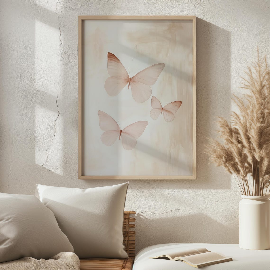 Three Blush Butterflies On Cream Abstract Background Art Poster - Image 4