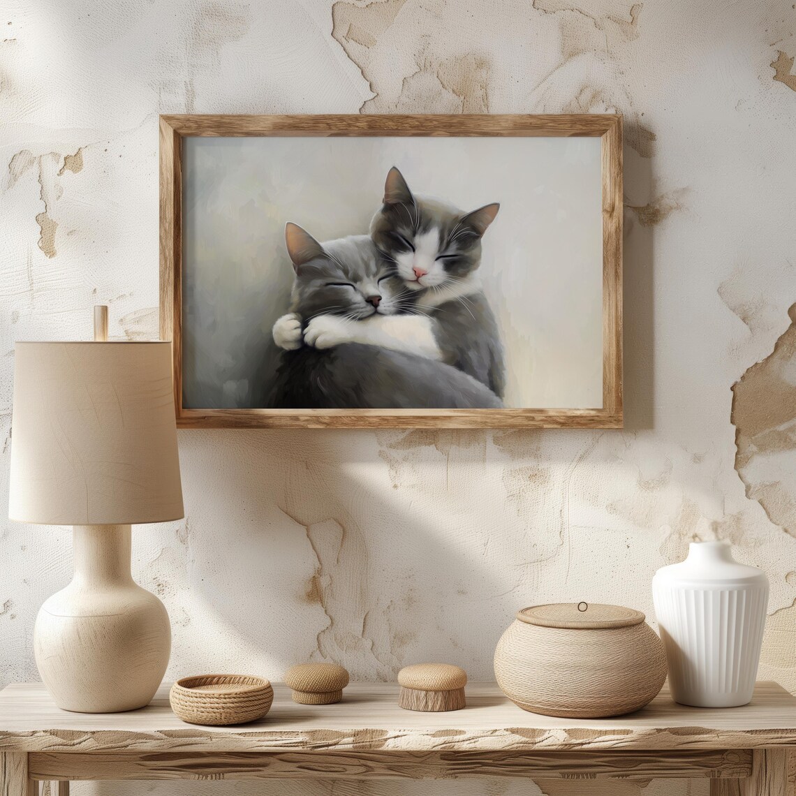 Two Grey Cats Cuddling Oil Painting Sweet Pet Love Vintage Wall Poster - Image 2