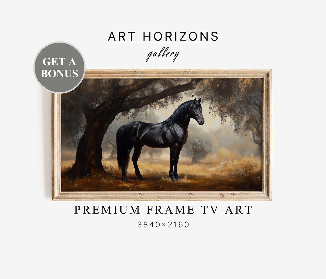 Black Horse Standing Under Trees In Golden Mist Oil Painting Poster