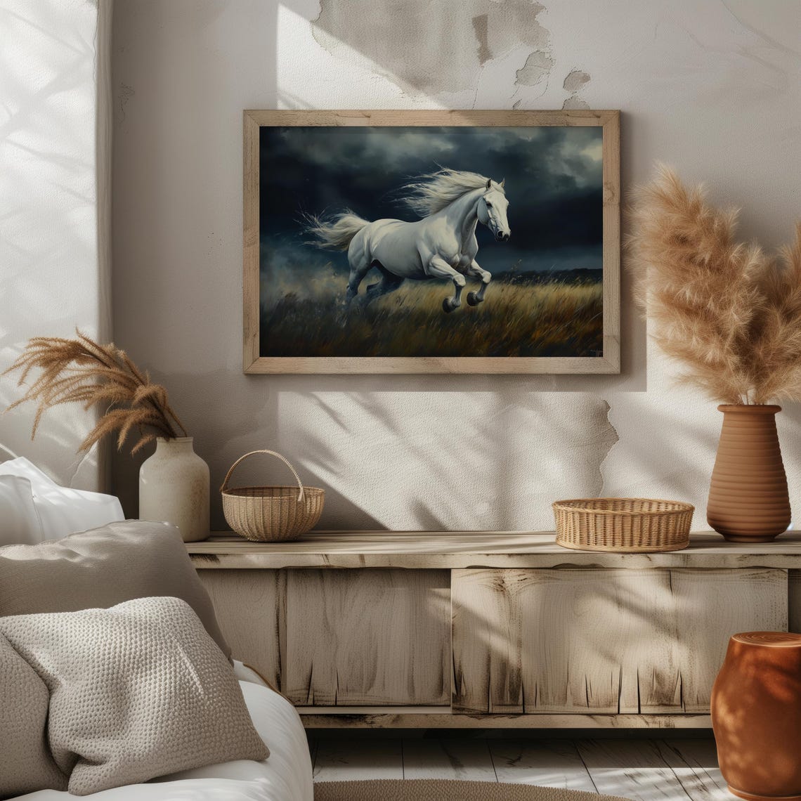 White Horse Galloping Under Stormy Sky Dramatic Oil Painting Poster - Image 2