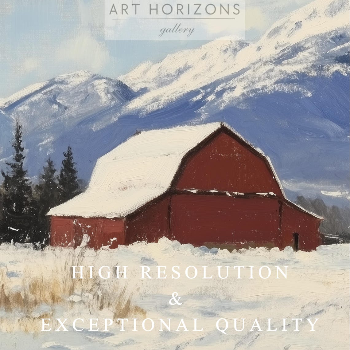 Red Barn In Snowy Field Before Snow Capped Mountains Blue Sky Poster - Image 3