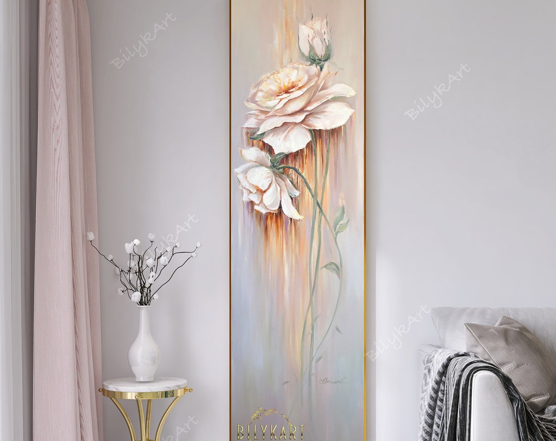 Long Narrow Wall Art Large Roses Flowers Oil Painting Tall Wall Art Pastel Colors Flowers Painting Long Painting Vertical Narrow Wall Decor