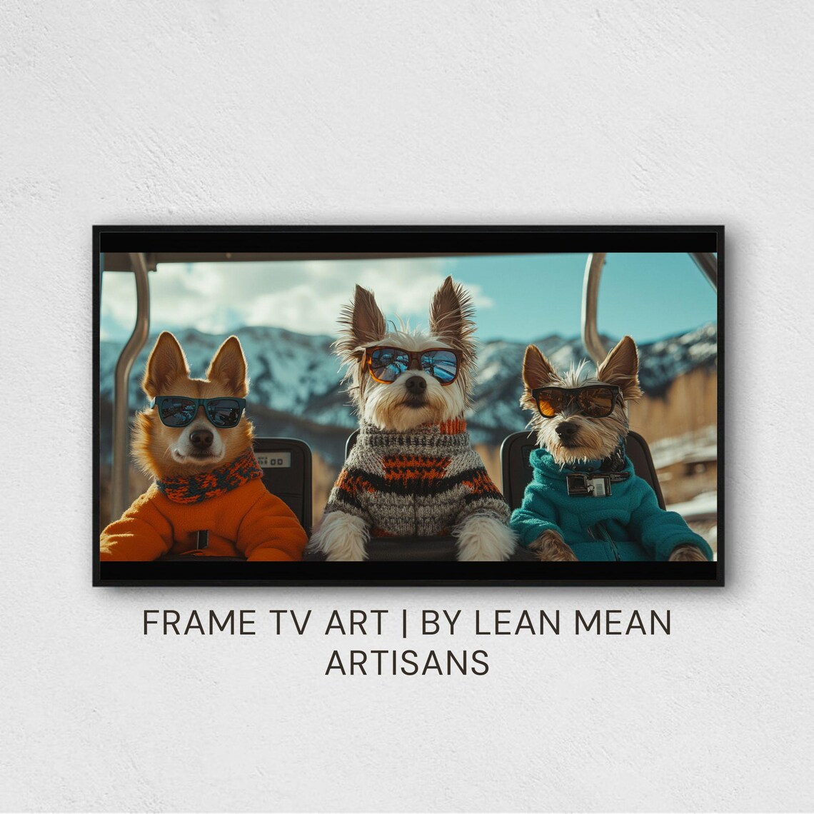 Three Small Dogs In Sunglasses Knit Sweaters Chairlift Winter Poster
