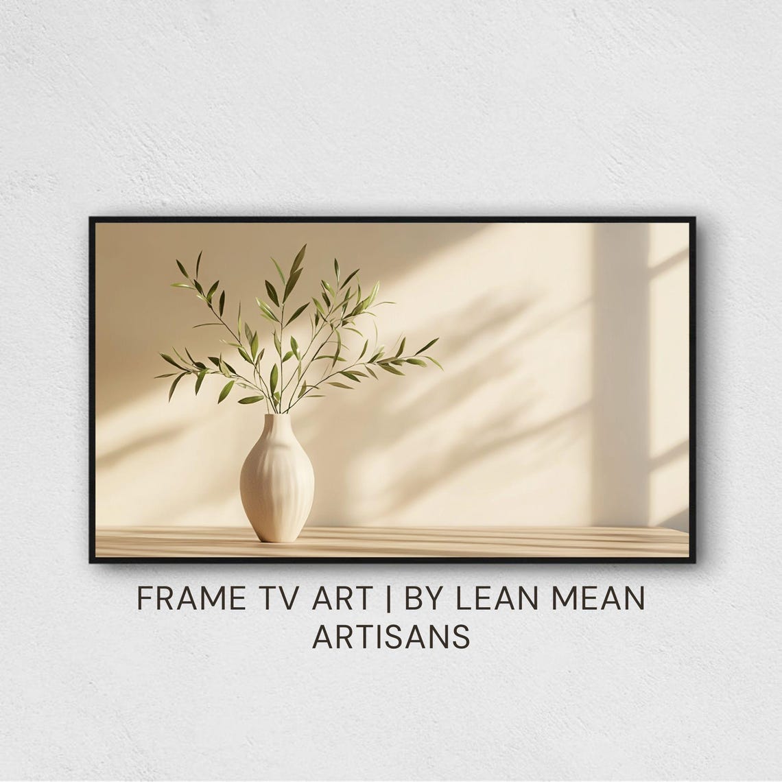 White Ribbed Vase Full Olive Branches Warm Sunlight Minimal Print