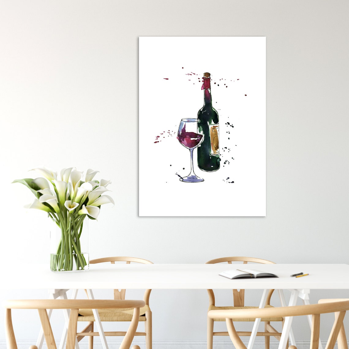 Red Wine Bottle and Glass Watercolor Splatter Kitchen Poster - Image 2