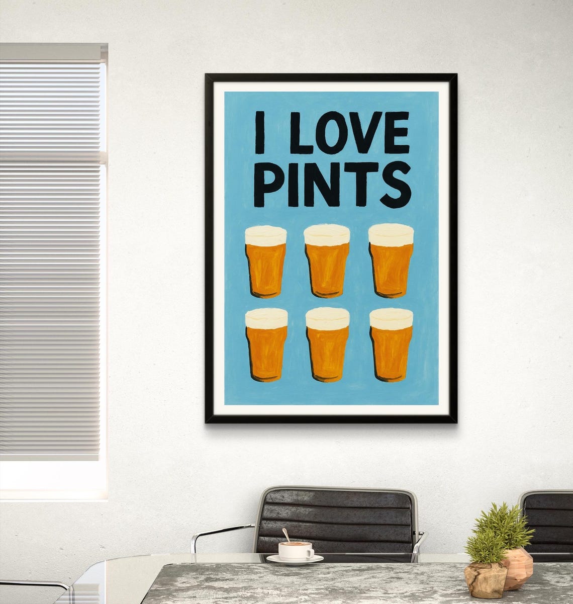 I Love Pints Retro Blue Poster with Six Golden Beer Glasses Art