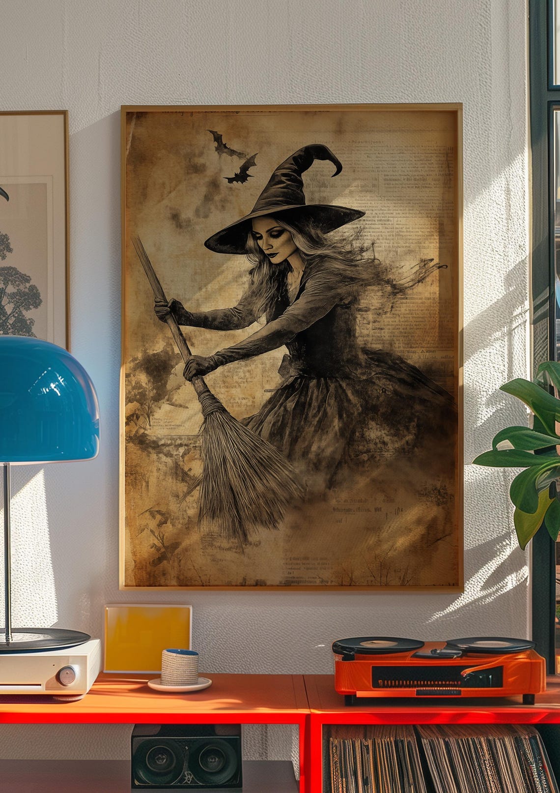 Vintage Sepia Witch with Broom and Bats Halloween Art Poster - Image 3