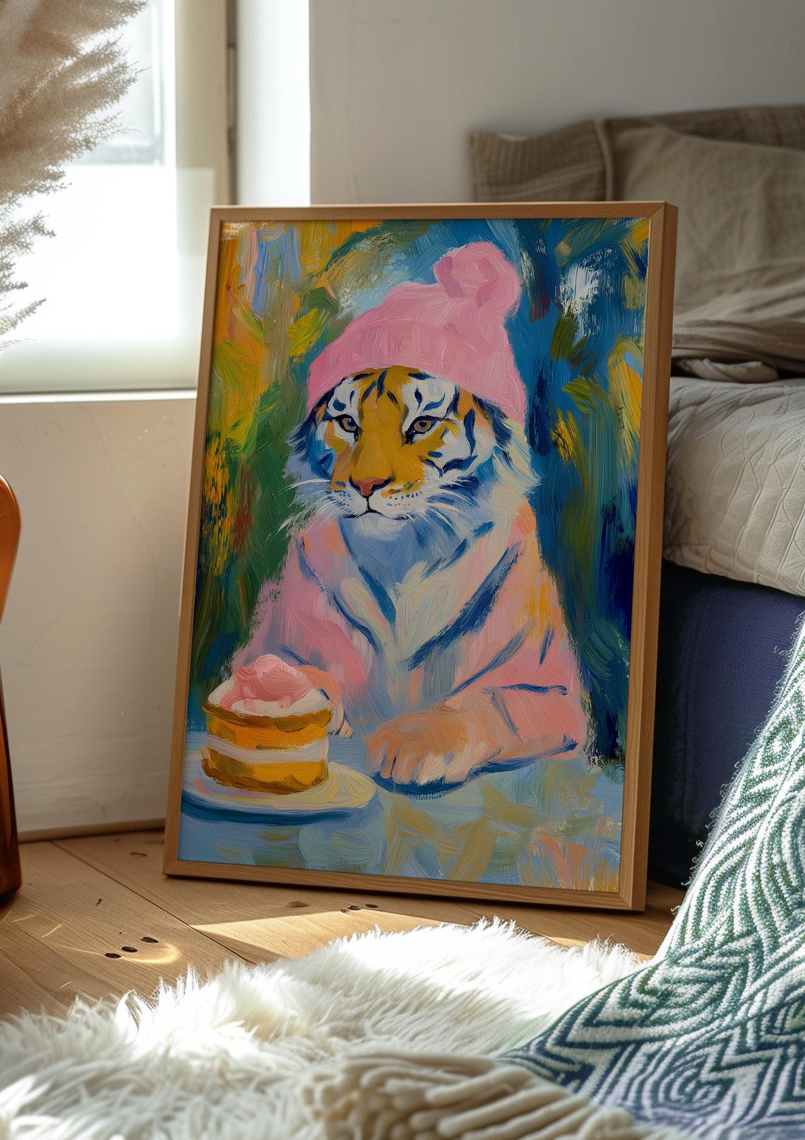Tiger in a Pink Beanie with a Strawberry Cake Slice Art Poster - Image 2