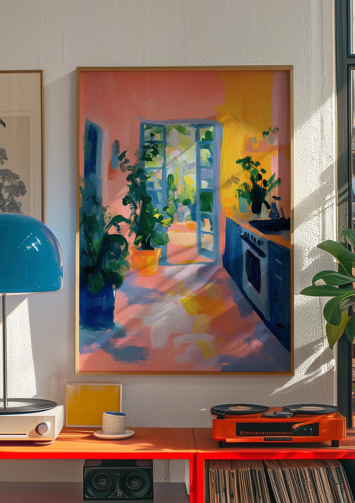 Sunny Pink Kitchen with French Doors and Garden Plants Poster - Image 3