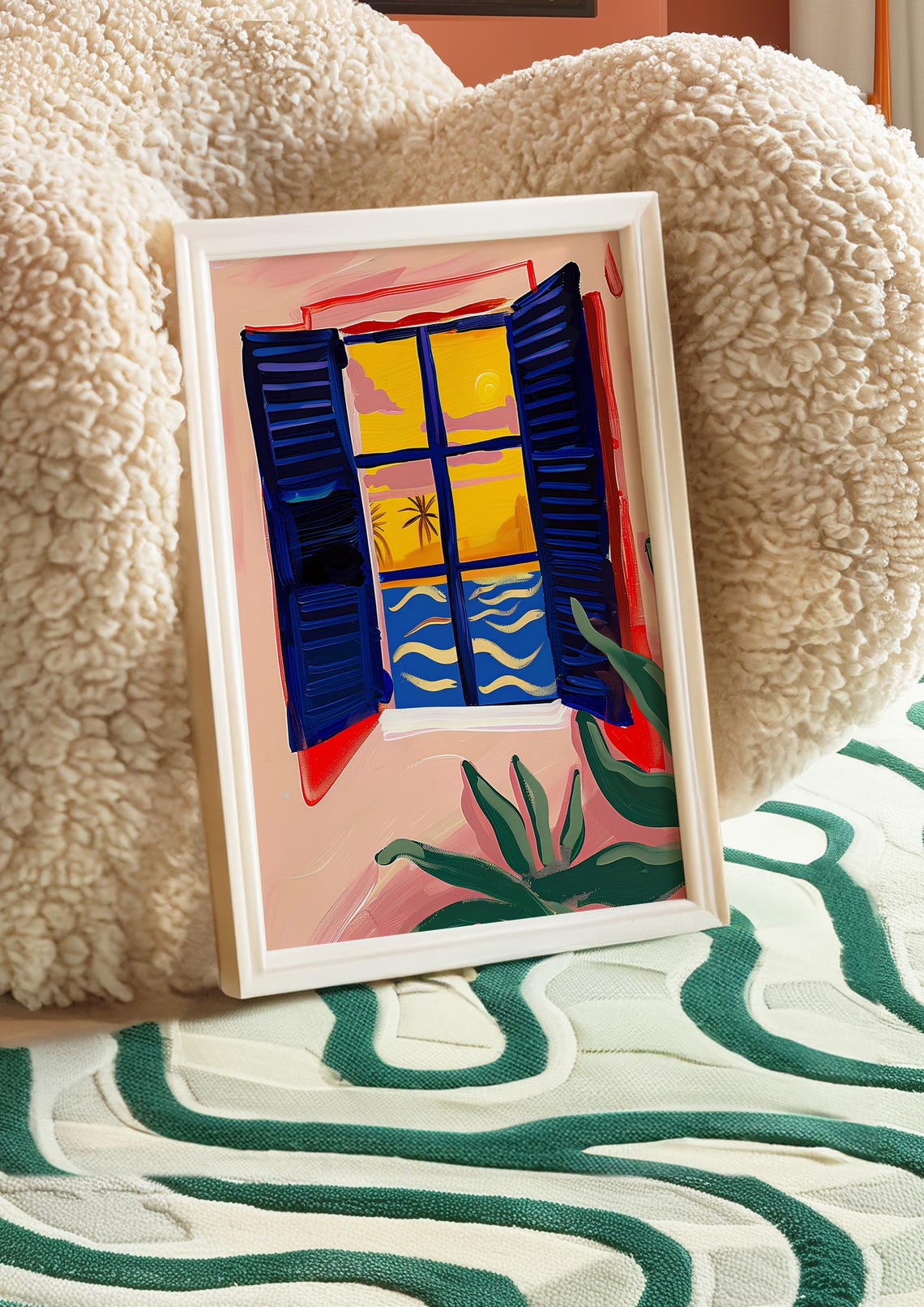 Open Window Golden Sunset Ocean Blue Shutters Seaside Art Poster - Image 4