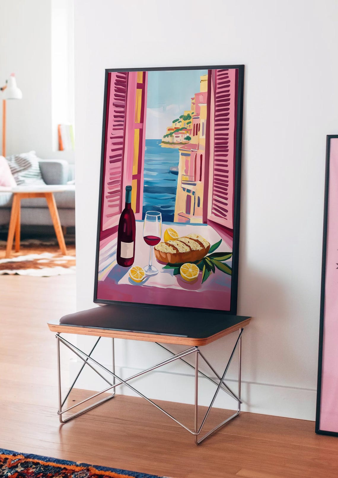 Coastal Village View Through Pink Shutters Wine Bread Poster - Image 4