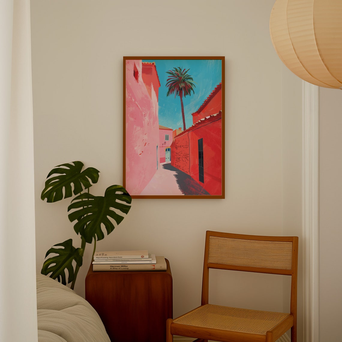 Pink Mediterranean Street Poster with Palm Trees and Blue Sky - Image 4