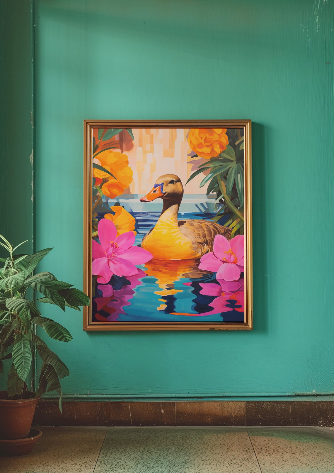 Yellow Duck Pond Pink Flowers Cute Wildlife Illustration Art Poster - Image 2