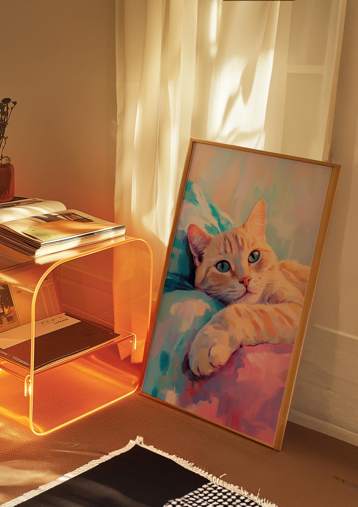 Ginger Cat Resting on Teal and Pink Cushions Painterly Poster - Image 3