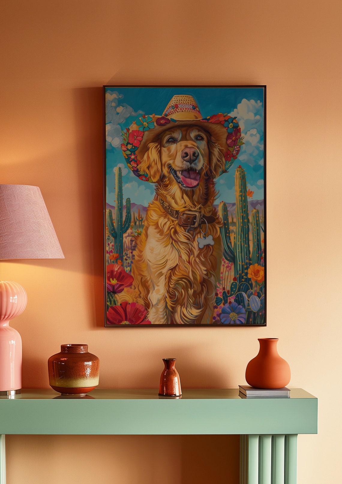 Golden Retriever in a Flower Sombrero Desert Cactus Scene Poster - Image 2