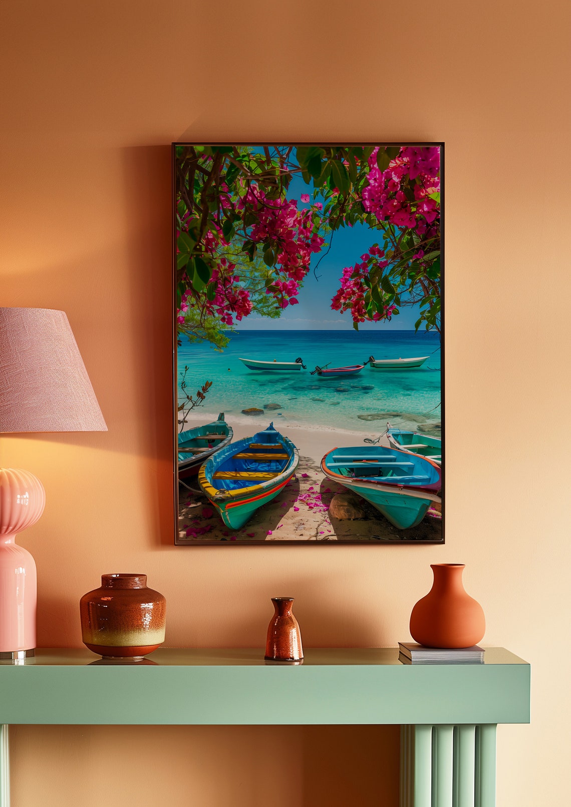 Tropical Beach with Colorful Boats and Bougainvillea Summer Poster - Image 2