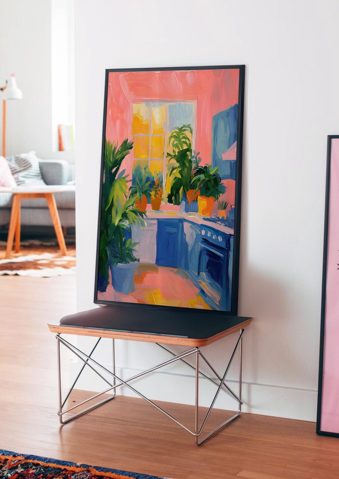 Colorful Pink and Blue Kitchen Interior with Potted Plants Poster - Image 4