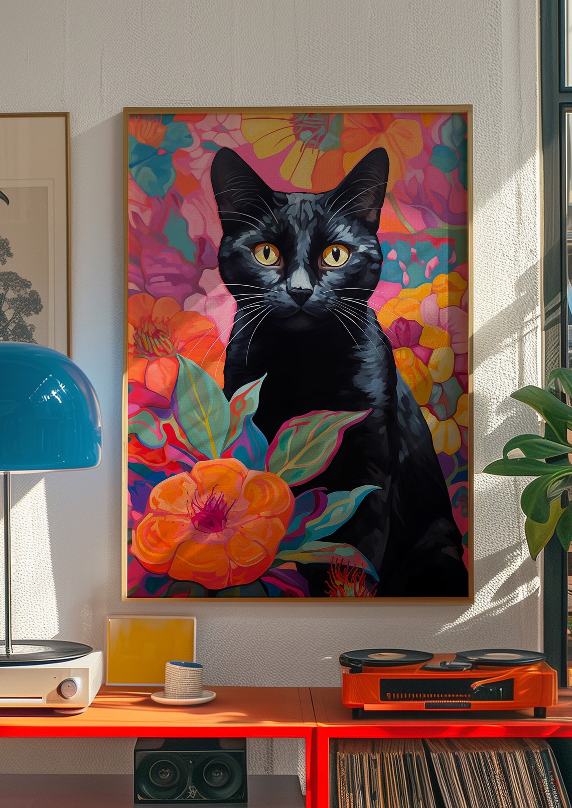 Black Cat Floral Portrait Tropical Blooms Maximalist Art Poster - Image 4