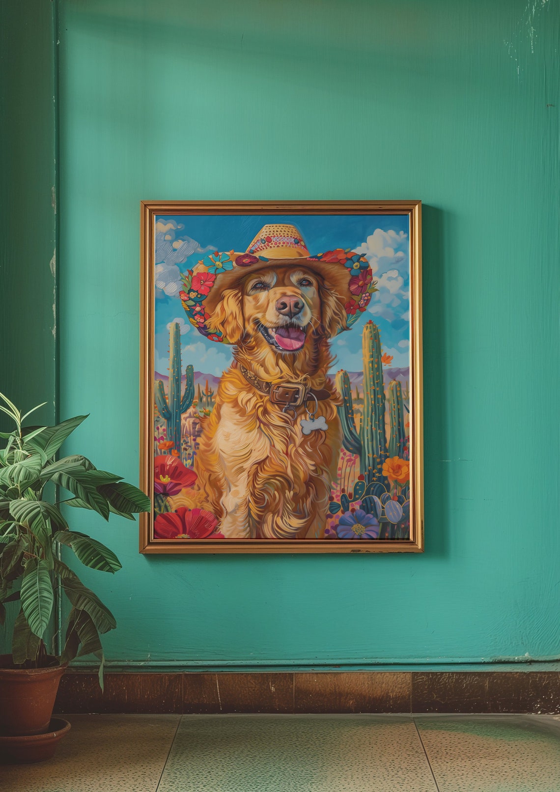 Golden Retriever in a Flower Sombrero Desert Cactus Scene Poster - Image 3