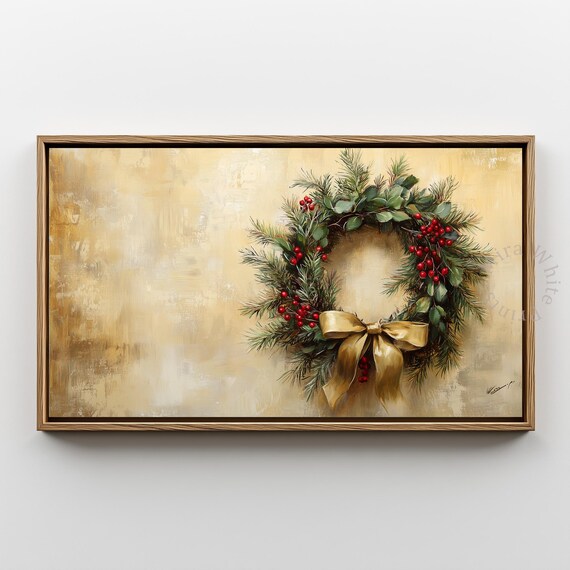 Vintage Christmas Wreath Print Gold Bow Pine Berries Rustic Holiday Decor
