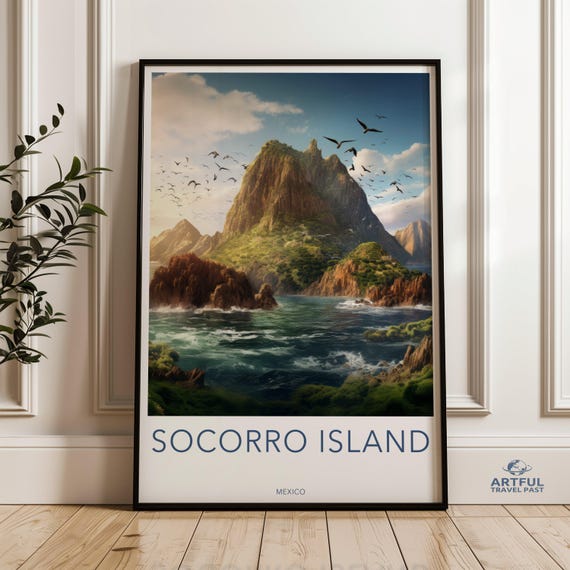 Socorro Island Wall Art Print Mexico Landscape Poster Nature Artwork Scenic View Decor Beautiful Ocean And Mountain Painting Tropical